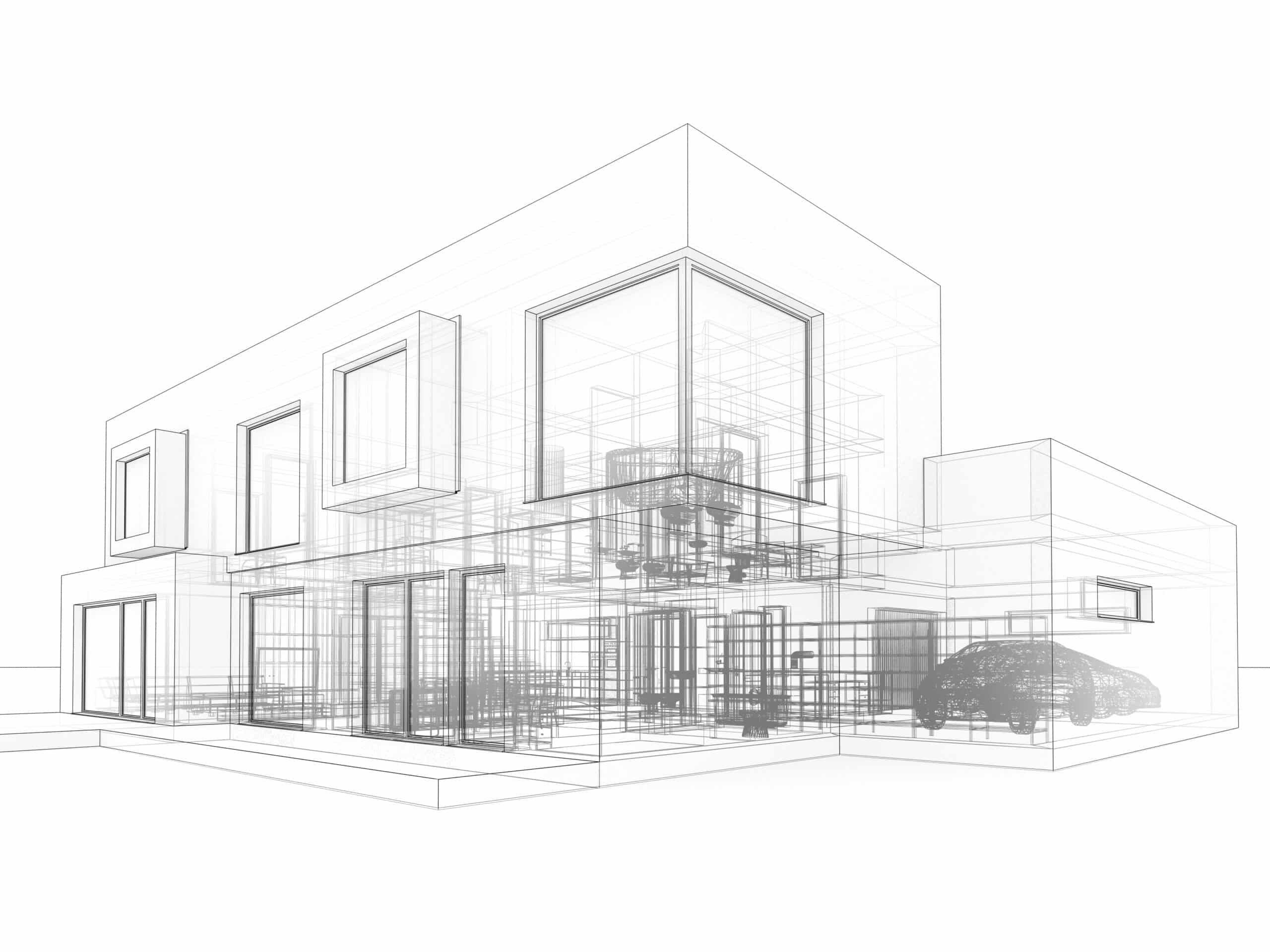 Computer,Generated,Visualization,In,Drawing,Style,Of,Contemporary,Box,House